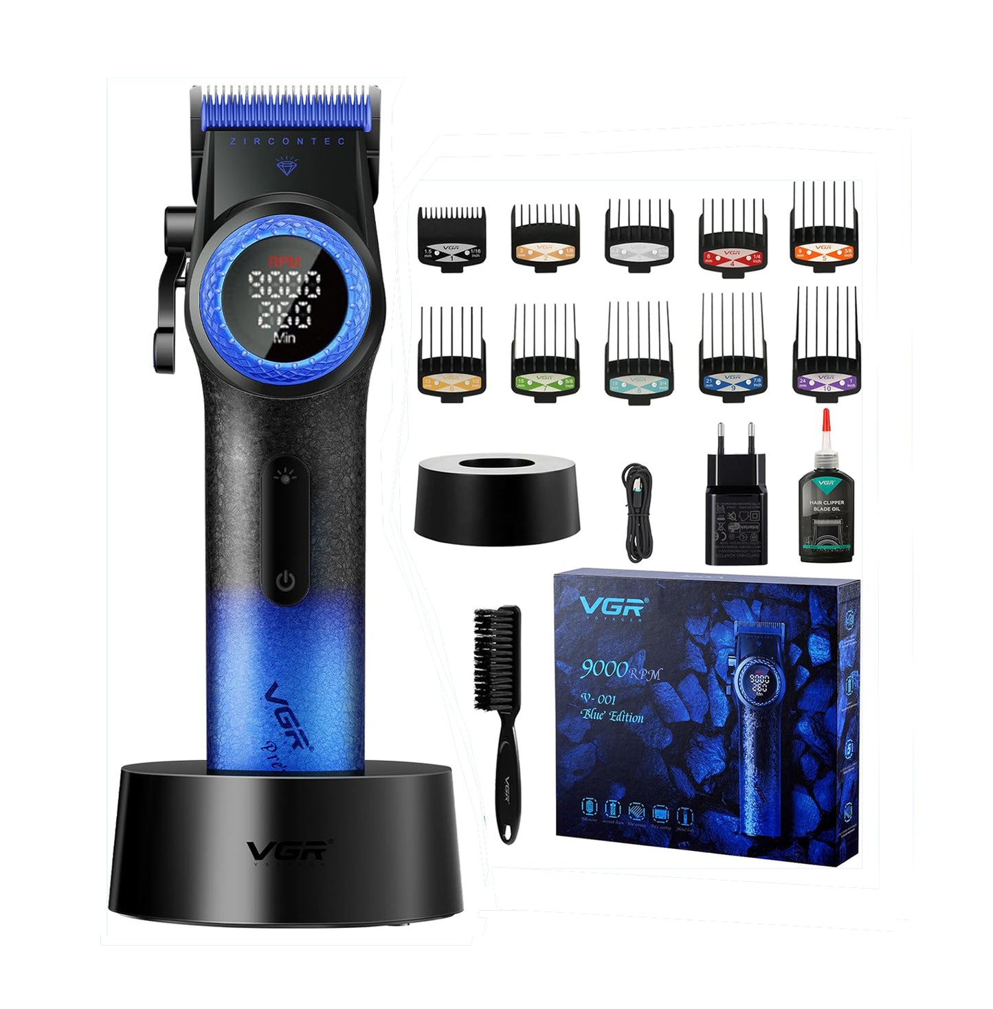 VGR V-001 Blue Premium - Makinë Profesionale për Prerje Flokësh | Teh Çeliku, 9000RPM, 21 Shpejtësi, LED & Bateri 4600mAh