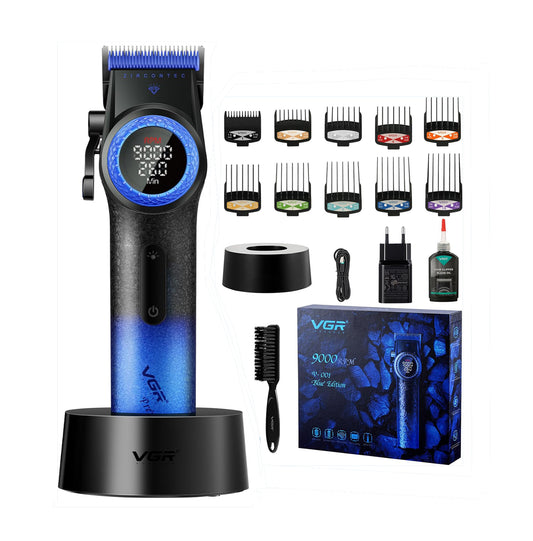 VGR V-001  Blue Premium - Makinë Profesionale për Prerje Flokësh | Teh Çeliku, 9000RPM, 21 Shpejtësi, LED & Bateri 4600mAh