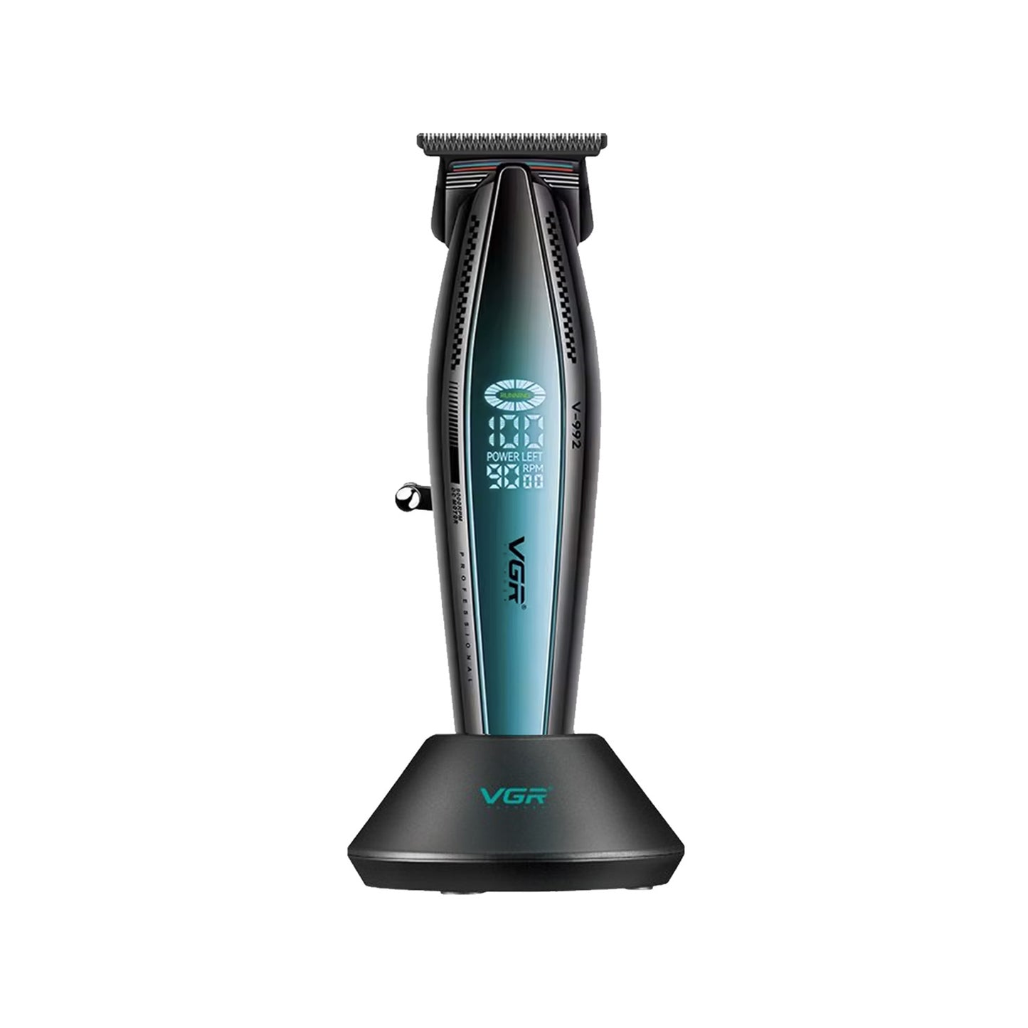 VGR V-992 – Trimmer Profesional Zero Gapped, T-Blade Outliner, 9000 RPM, Metal Body, Bateri 2000mAh, 240 Min Përdorim, Pa Kabllo, Ekran LED, Karikim USB & Dock