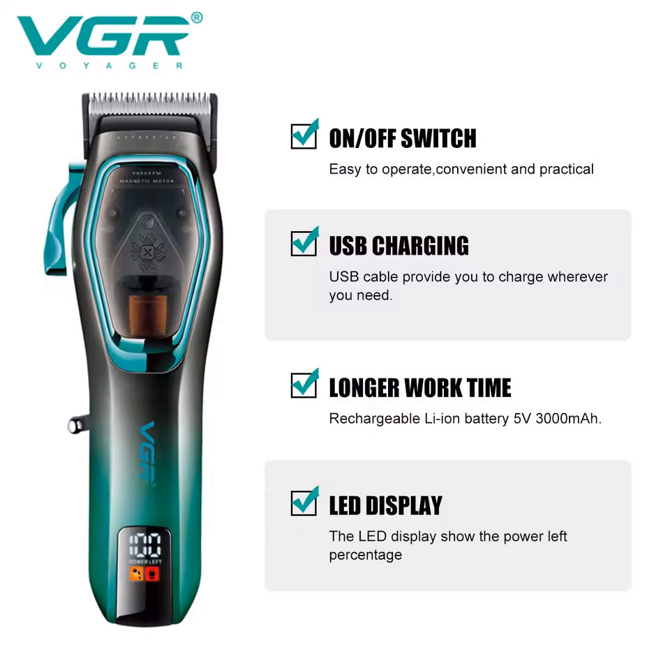 VGR V-674 – Makine Profesionale Rroje për Meshkuj me Tehë Qeramike & DLC, Motor 9000 RPM, Bateri 3000mAh, 120 Min Runtime, Ekran LED
