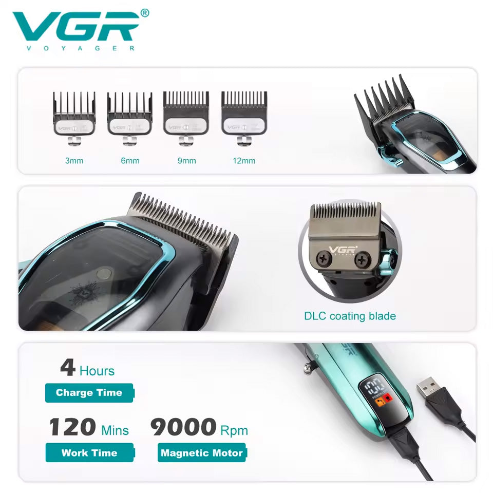 VGR V-674 – Makine Profesionale Rroje për Meshkuj me Tehë Qeramike & DLC, Motor 9000 RPM, Bateri 3000mAh, 120 Min Runtime, Ekran LED