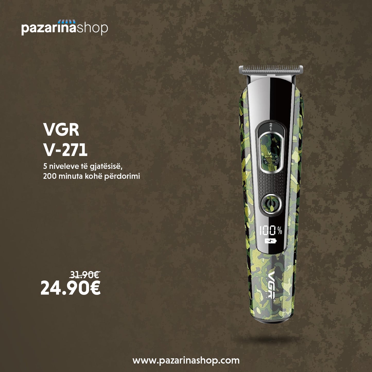 VGR V-271 – Trimmer për meshkuj me dizajn ushtarak, tehë çeliku dhe bateri 150 min