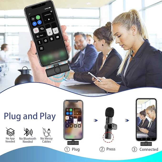 Set me 2 Mikrofona Wireless K11 Lavalier për iPhone – Reduktim Zhurme, Regjistrim i Pastër deri në 20m, Ideal për Video, Vlog, Intervista & Live