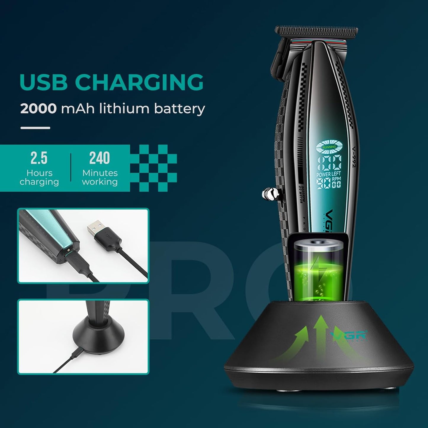VGR V-992 – Trimmer Profesional Zero Gapped, T-Blade Outliner, 9000 RPM, Metal Body, Bateri 2000mAh, 240 Min Përdorim, Pa Kabllo, Ekran LED, Karikim USB & Dock