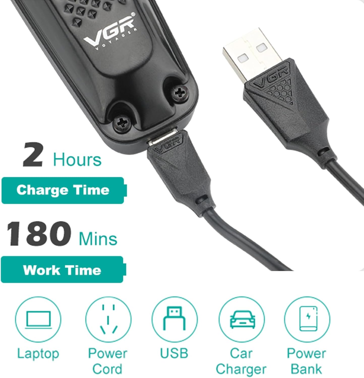 VGR V-972 – Trimmer Profesional për Mjekër & Flokë, Teh Qeramike, LED Display, Bateri 1400mAh, 180 Min Përdorim, Pa Kabllo & Me Kabllo, Karikim USB