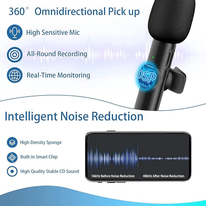 Set me 2 Mikrofona Wireless K11 Lavalier për iPhone – Reduktim Zhurme, Regjistrim i Pastër deri në 20m, Ideal për Video, Vlog, Intervista & Live