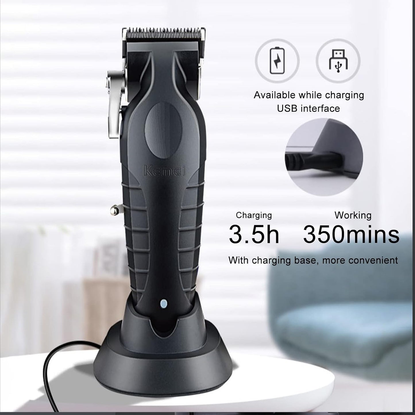 Kemei KM-2296 Makinë Profesionale për Prerje Flokësh – Makinë e Rikarikueshme, 2500mAh, Pa Kabull, Me Bateri të Fuqishme dhe Bazë Karikimi për Berberë dhe Përdorim Personal