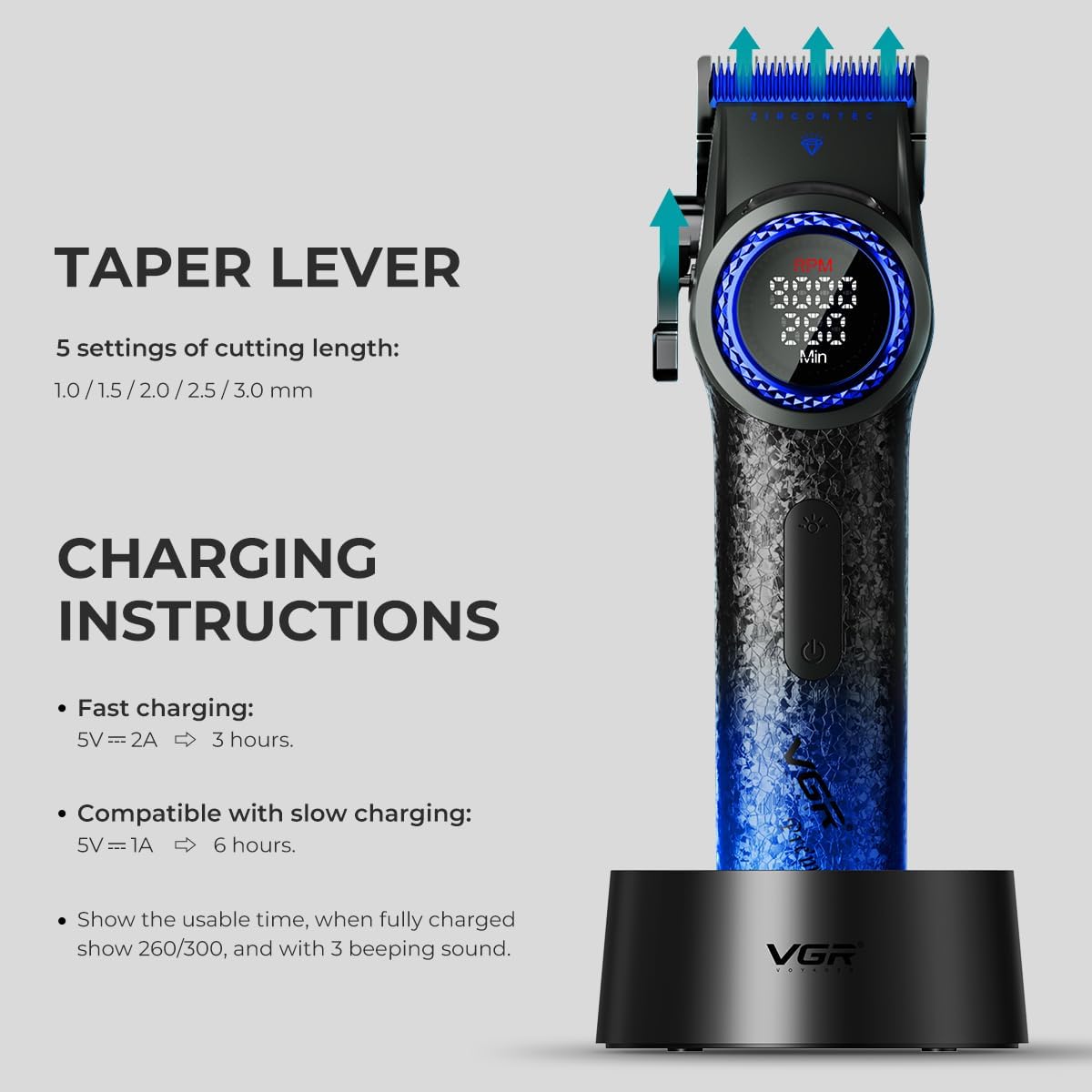 VGR V-001 Blue Premium - Makinë Profesionale për Prerje Flokësh | Teh Çeliku, 9000RPM, 21 Shpejtësi, LED & Bateri 4600mAh