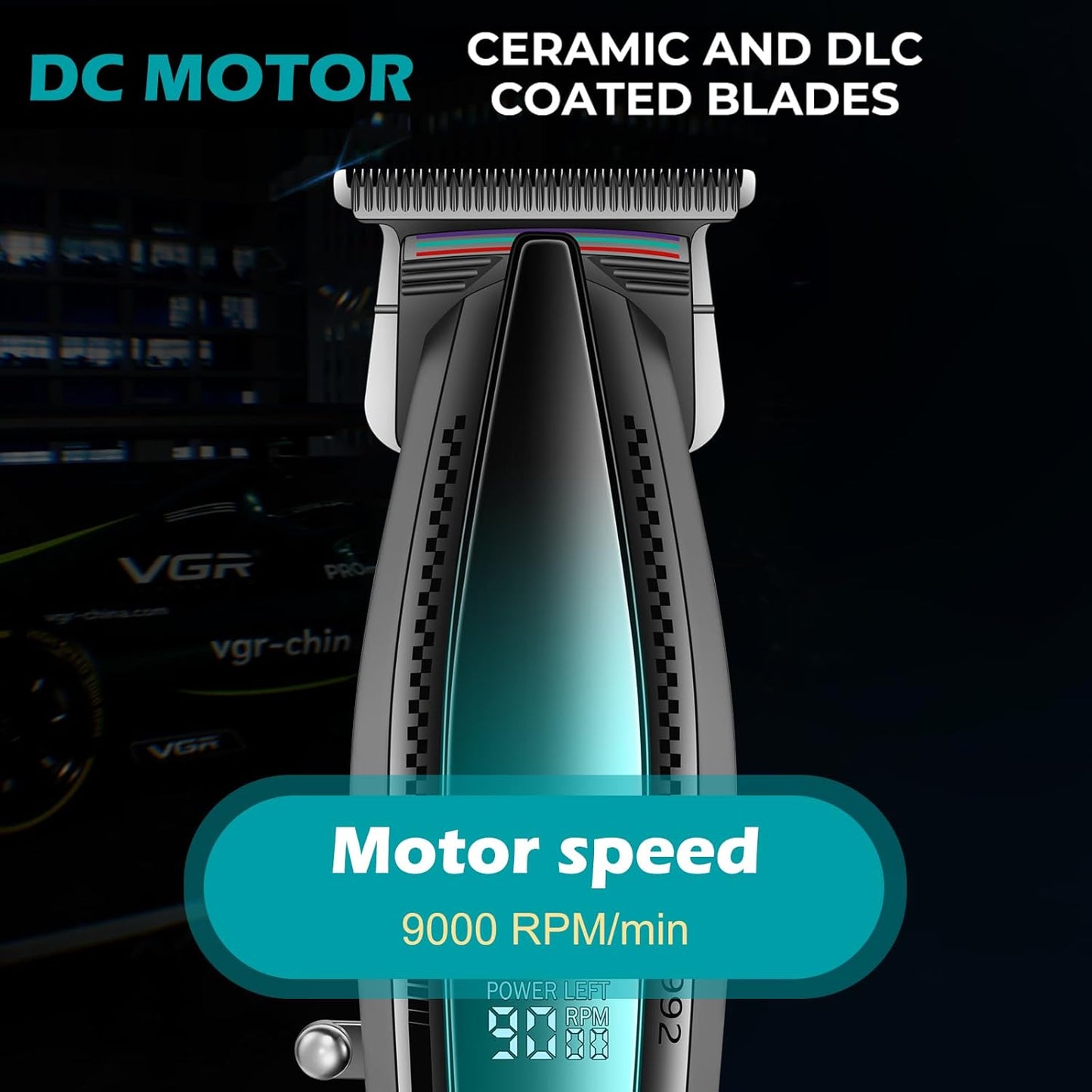VGR V-992 – Trimmer Profesional Zero Gapped, T-Blade Outliner, 9000 RPM, Metal Body, Bateri 2000mAh, 240 Min Përdorim, Pa Kabllo, Ekran LED, Karikim USB & Dock