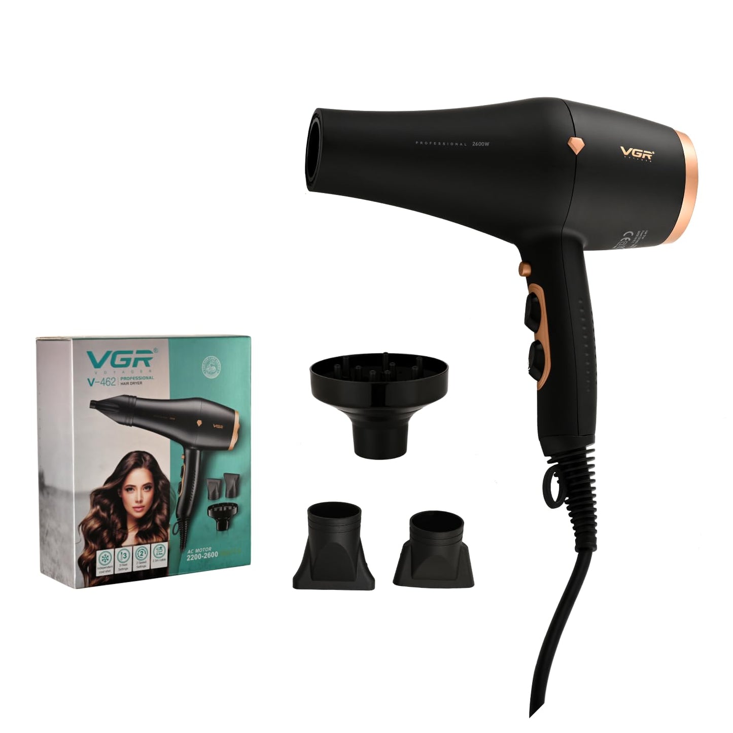 VGR V-462 – Tharëse Profesionale Flokësh 2600W me Grykë Stilimi, Difuzor dhe Ajër të Ftohtë