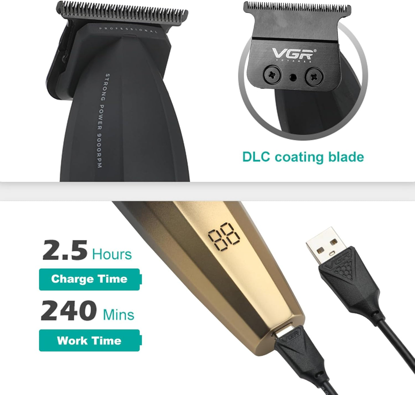 VGR 906 – Trimmer Zero Gap me 9000RPM, Teh DLC carbon steel T-Blade