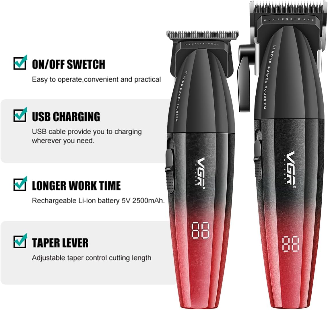 VGR V-640 – Set Profesional Klipër & Trimmer, Motor 9000 RPM, Tehë Qeramike DLC, Bateri 2500mAh & 2000mAh, Zero Gap T-Blade, 9 Krehera, Ekran LED,  Ngjyrë e Kuqe & e Zezë