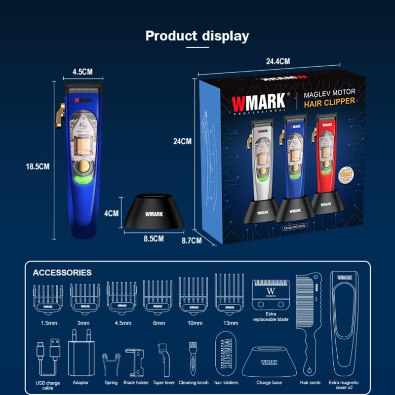WMARK NG-9004 – Makinë Rroje Profesionale, 10000 RPM Maglev Motor, Zero-Gapped DLC Blade, Bateri 2500mAh, Dock Ngarkimi & 6 Krehëza