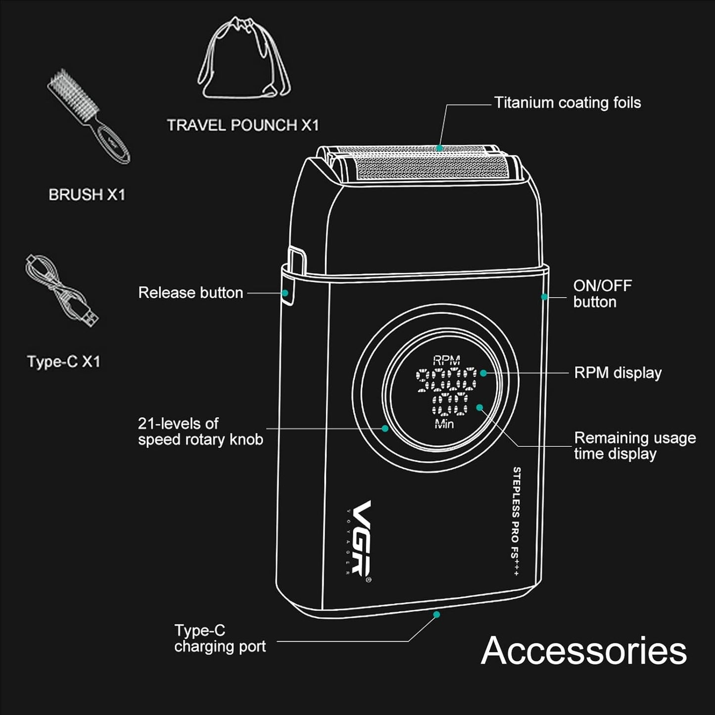 VGR V-377 Rrojëse Elektrike Profesionale për Meshkuj me 3 Thika Titaniumi, Motor 9000 RPM dhe Ekran LED