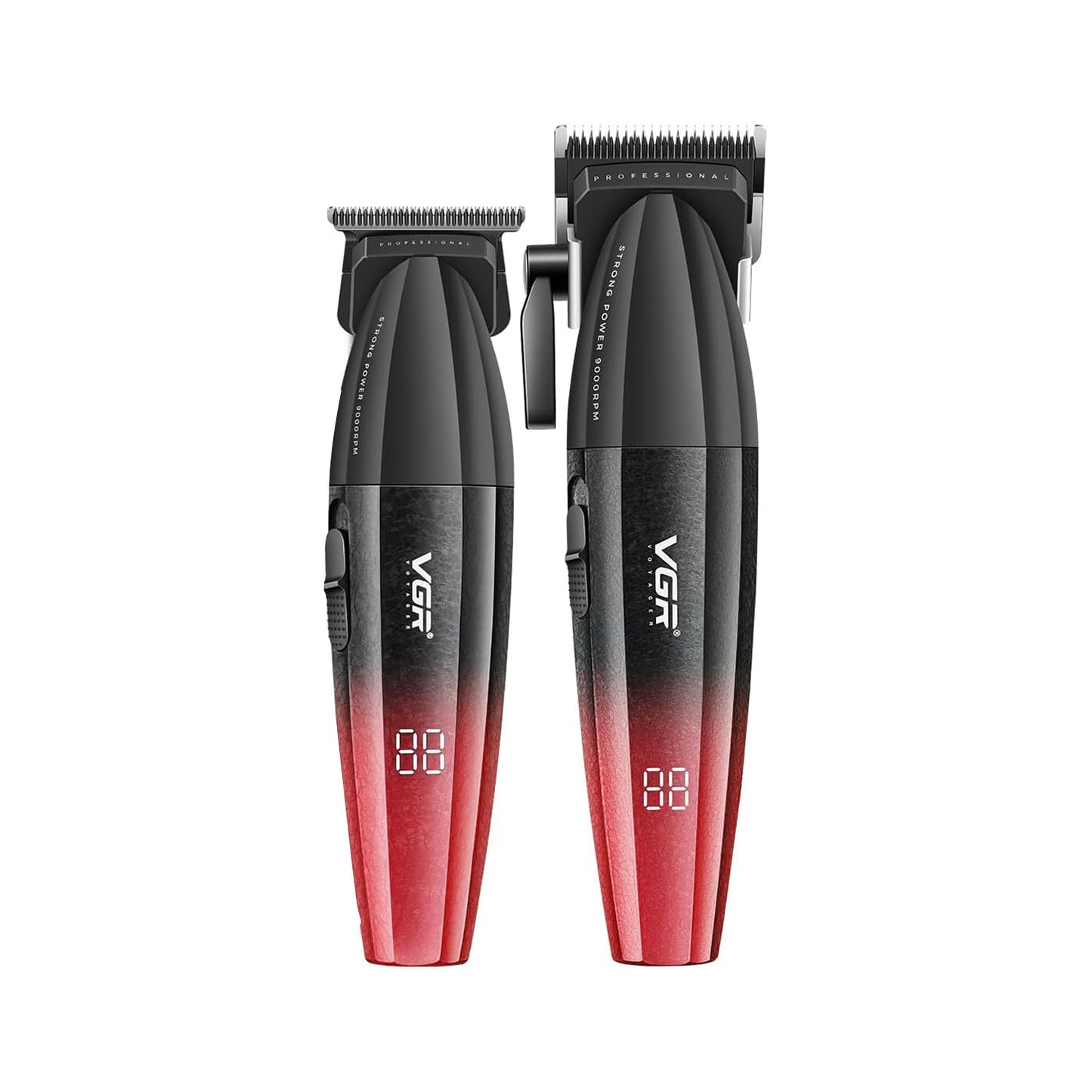 VGR V-640 – Set Profesional Klipër & Trimmer, Motor 9000 RPM, Tehë Qeramike DLC, Bateri 2500mAh & 2000mAh, Zero Gap T-Blade, 9 Krehera, Ekran LED,  Ngjyrë e Kuqe & e Zezë