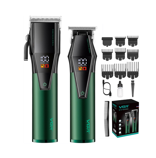 Set Profesional VGR për Prerje Flokësh – Makinë + Trimmer, Motor i Fuqishëm, Bateri e Gjatë, Ekran LED