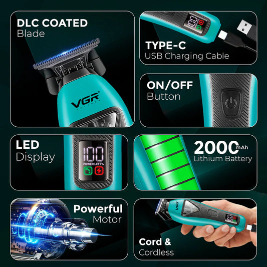 VGR V-035T Professional Hair Trimmer – 9000 RPM Vector Motor, DLC Blades, LED Display & USB-C Charging