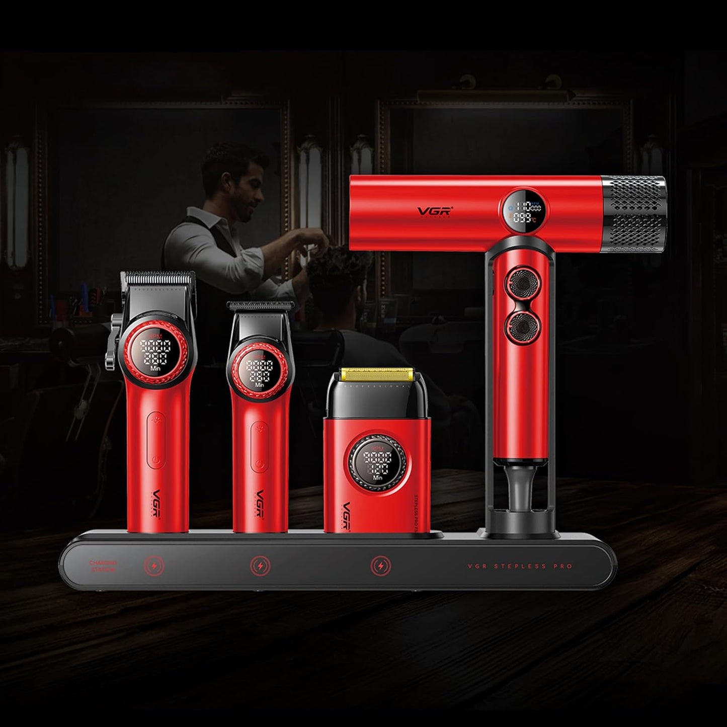 VGR Set Profesional 4-në-1 për Berberë me Çantë Udhëtimi – 9000RPM Makineri Qethëse, Trimmer, Rroje Foil & Tharëse Flokësh