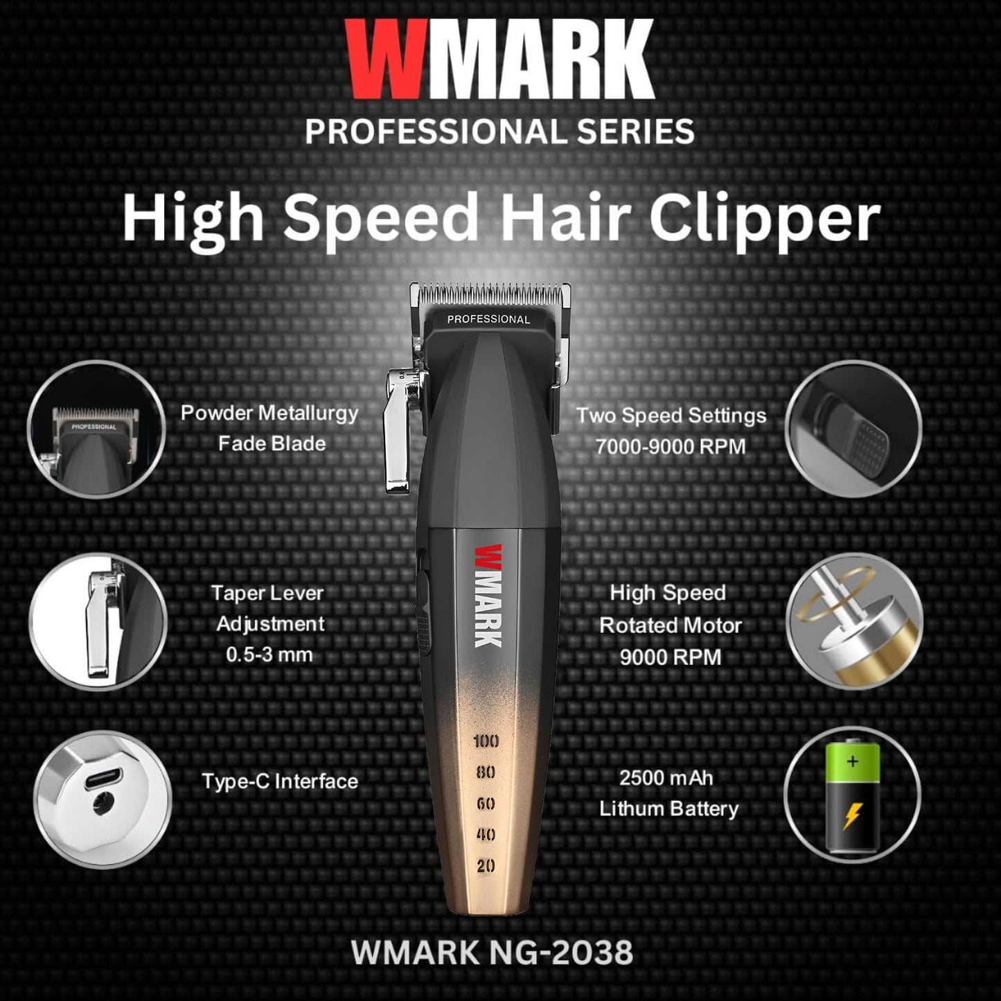 WMARK NG-2038 - Makina Profesionale për Qethje me Motor 9000 RPM, Ekran Dixhital dhe Trup Aliazh Zinku, 180 Min Përdorim