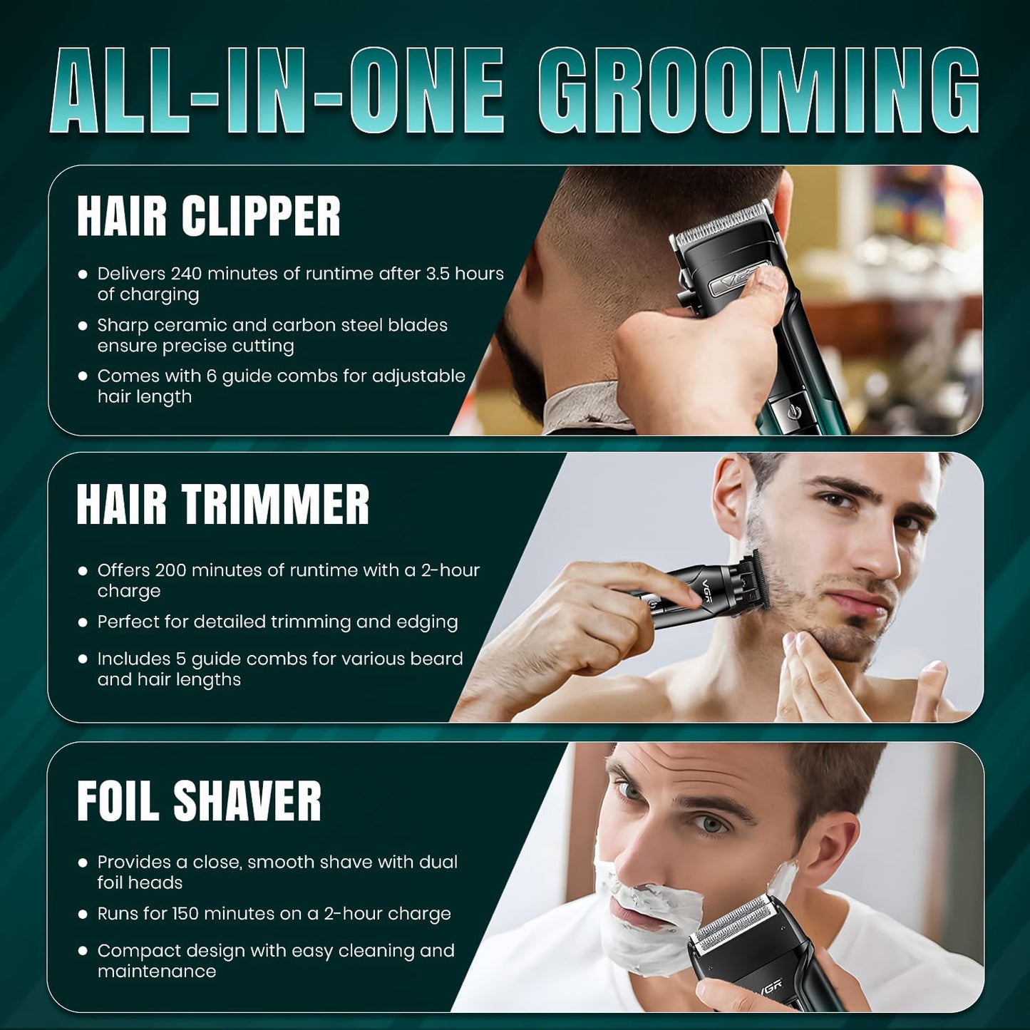 VGR V-694 Set Profesional 3-në-1 – Makineri Rroje, Trimmer & Shaver me Teh Keramike dhe Çelik Karboni, Autonomi e Gjatë, Ekran LED, Karikim USB