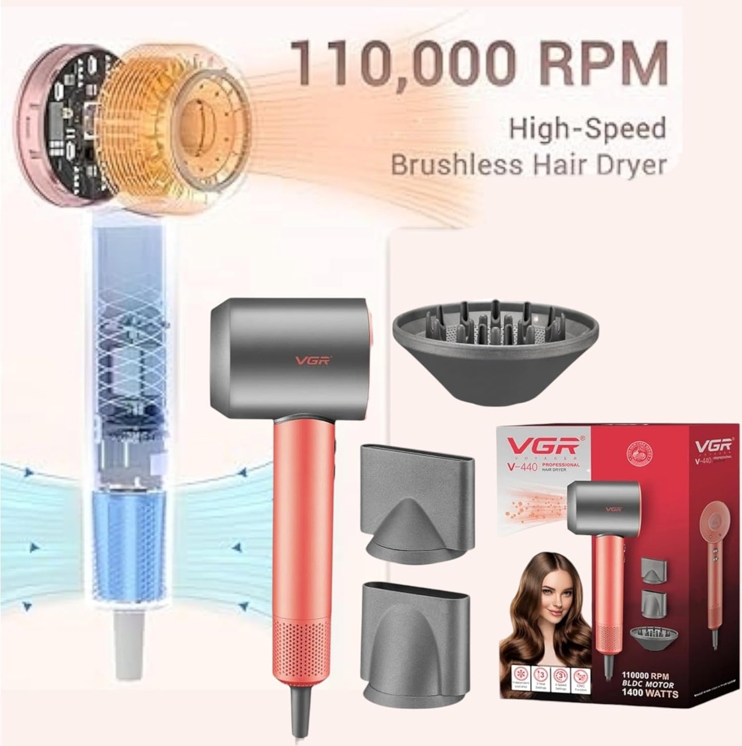 VGR V-440 - Tharëse Profesionale Flokësh me Motor BLDC 110,000 RPM – 1400W, Teknologji Ioni dhe Mbrojtje nga Mbinxehja