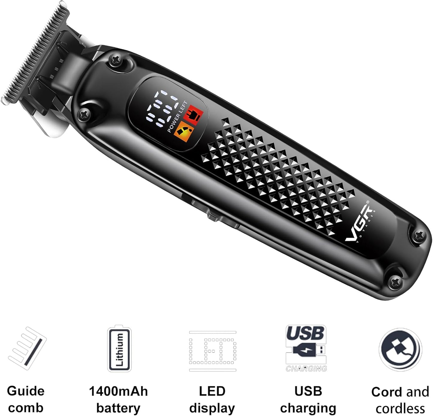 VGR V-972 – Trimmer Profesional për Mjekër & Flokë, Teh Qeramike, LED Display, Bateri 1400mAh, 180 Min Përdorim, Pa Kabllo & Me Kabllo, Karikim USB