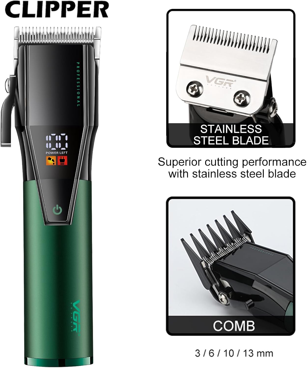 Set Profesional VGR për Prerje Flokësh – Makinë + Trimmer, Motor i Fuqishëm, Bateri e Gjatë, Ekran LED