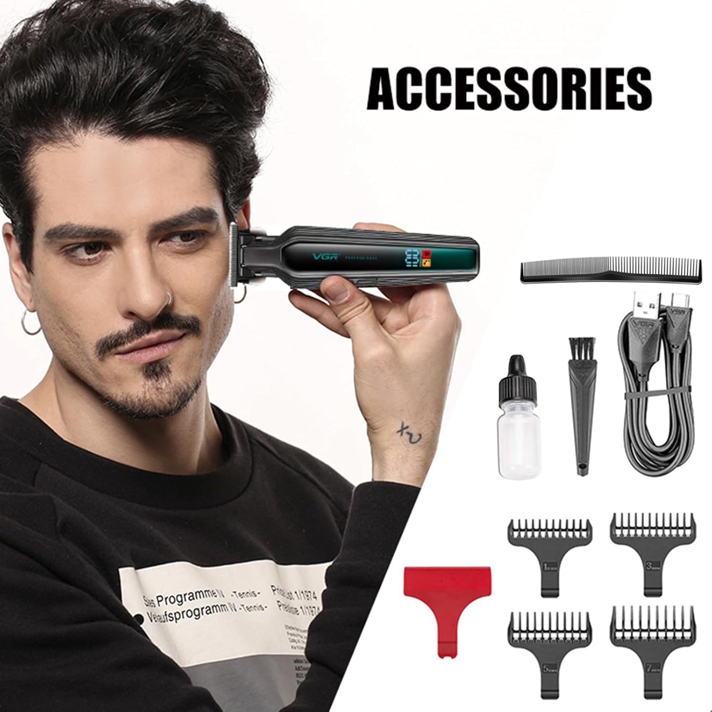 VGR 930 Trimmer Profesional me T-Blade 0-Gap, 360 Min Përdorim, Ekran LED & Karikim USB-C – Prerje Precize për Flokë dhe Mjekër