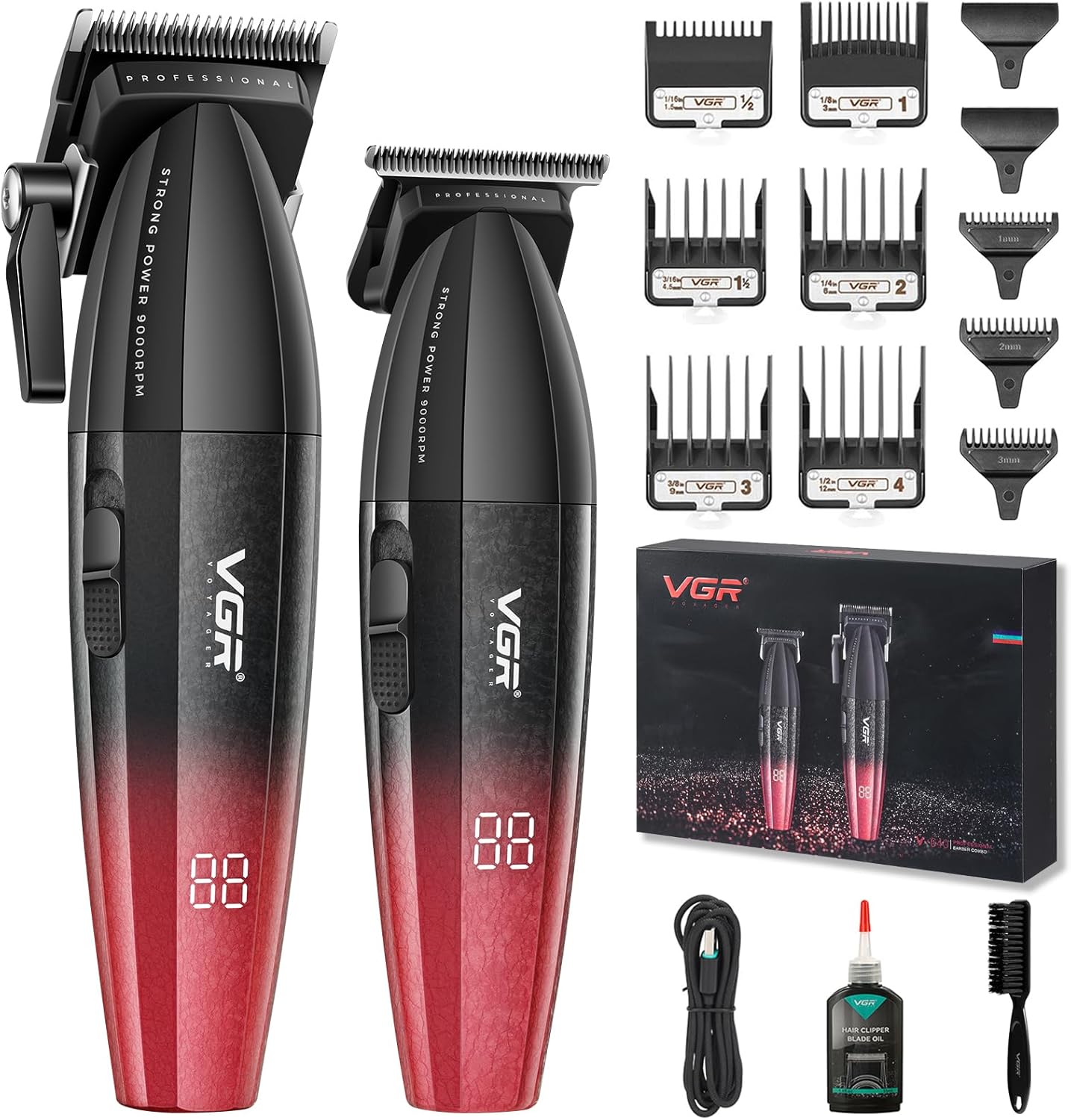 VGR V-640 – Set Profesional Klipër & Trimmer, Motor 9000 RPM, Tehë Qeramike DLC, Bateri 2500mAh & 2000mAh, Zero Gap T-Blade, 9 Krehera, Ekran LED,  Ngjyrë e Kuqe & e Zezë