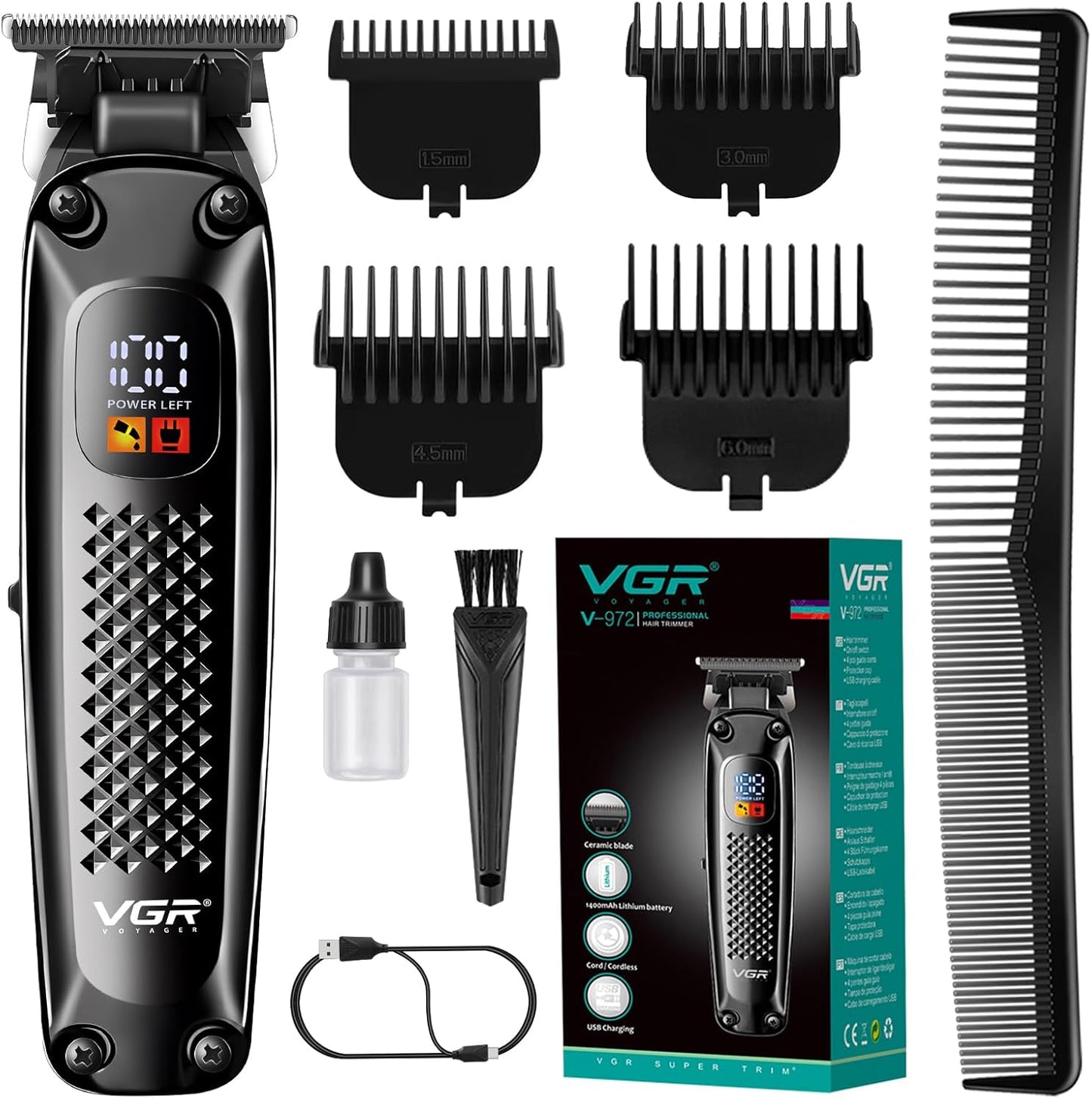 VGR V-972 – Trimmer Profesional për Mjekër & Flokë, Teh Qeramike, LED Display, Bateri 1400mAh, 180 Min Përdorim, Pa Kabllo & Me Kabllo, Karikim USB