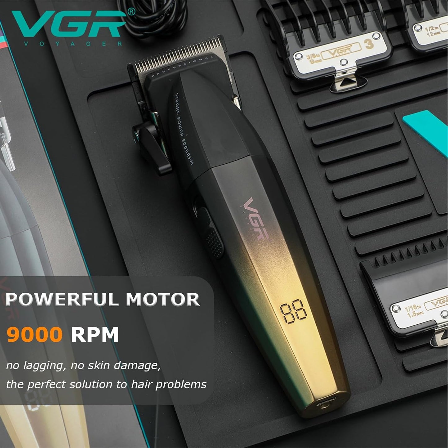 VGR 003 – Makinë Profesionale për Flokë dhe Mjekër, 9000 RPM, Ekran LED, Gold