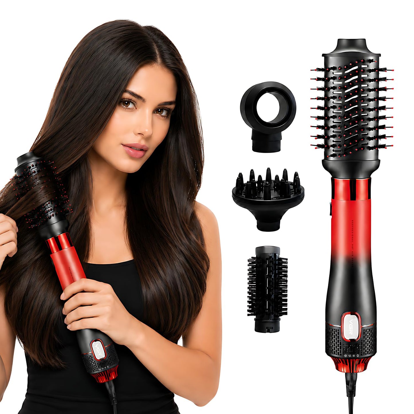 VGR V-484 4-në-1 Hot Air Brush Profesionale 1000–1100W | Furçë për Flokë për Tharje të Shpejtë, Volum dhe Stilim me 4 Aksesorë