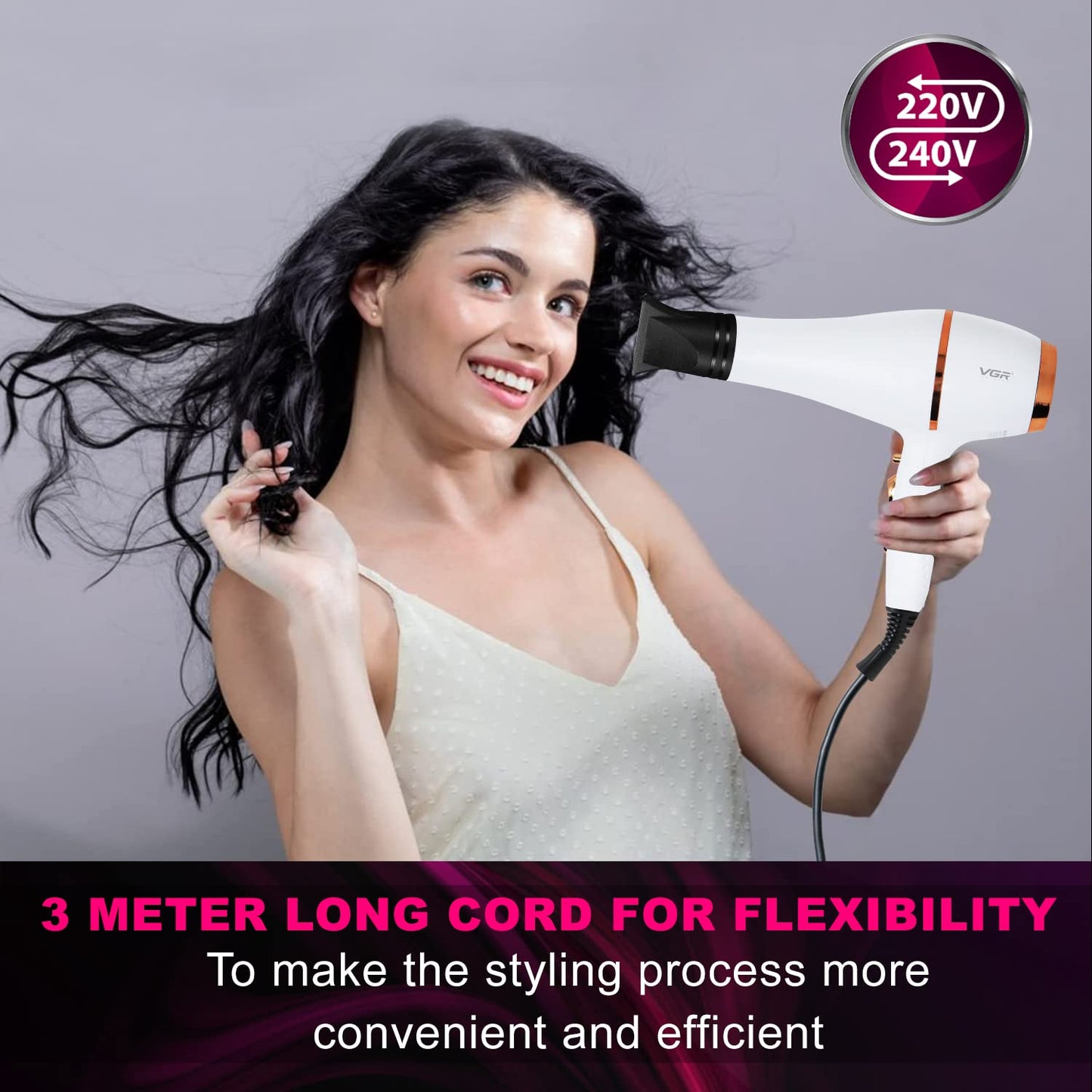VGR V-414 – Tharëse Profesionale Flokësh 2200W me 3 Nivele Temperature, Ajër të Ftohtë dhe Motor AC