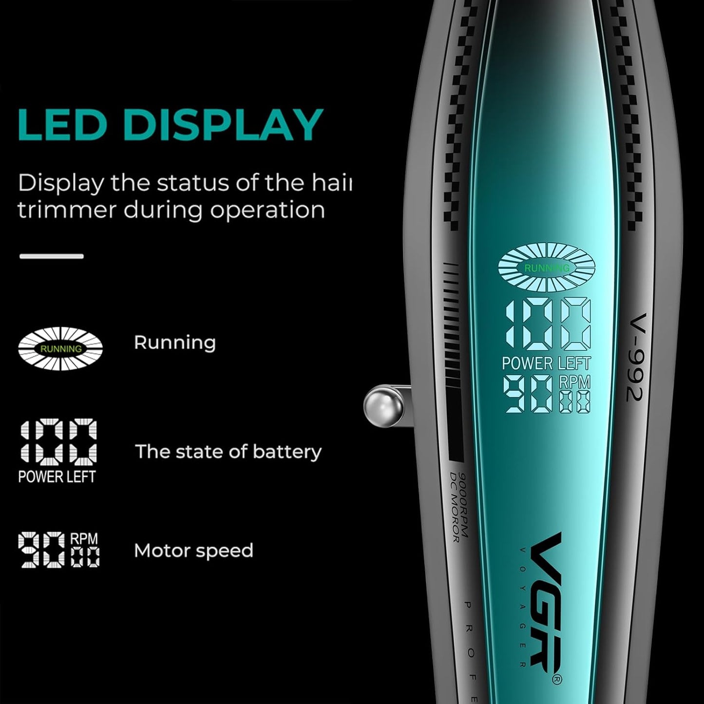 VGR V-992 – Trimmer Profesional Zero Gapped, T-Blade Outliner, 9000 RPM, Metal Body, Bateri 2000mAh, 240 Min Përdorim, Pa Kabllo, Ekran LED, Karikim USB & Dock