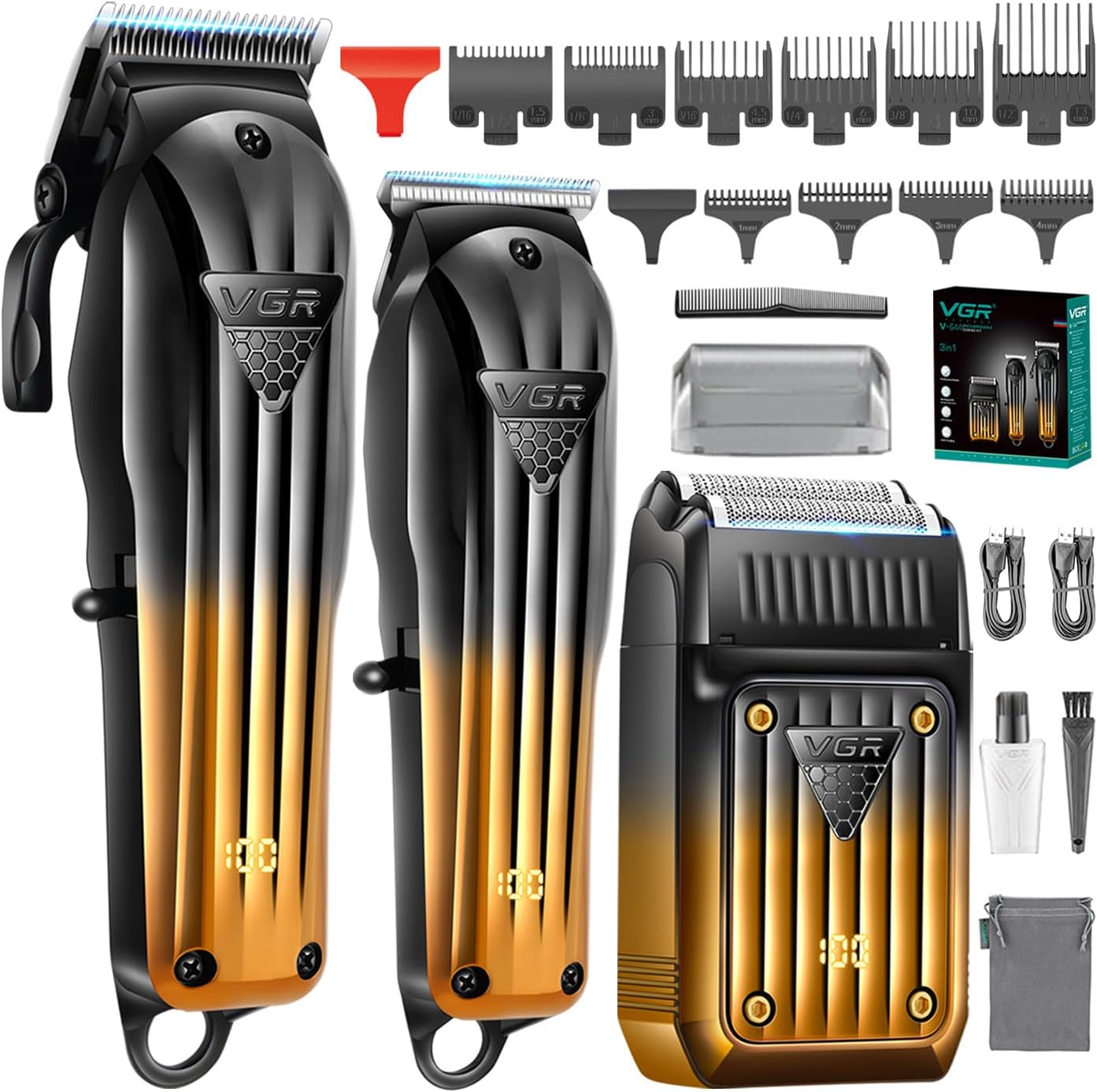 VGR V-644 – Clipper, Trimmer, Shaver, Set Profesional 3 në 1 për Meshkuj, Pa Kabllo, Ekran LED, Bateri Rikarikueshme