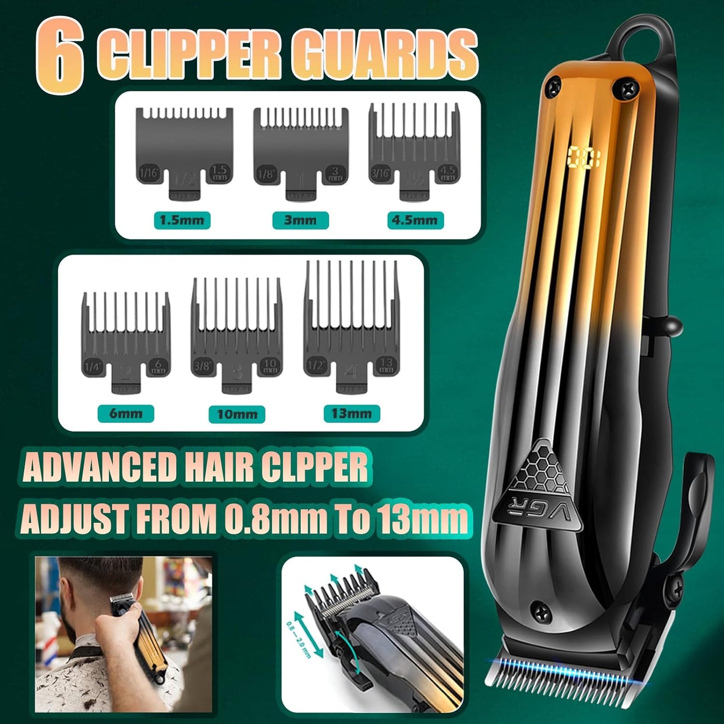 VGR V-644 – Clipper, Trimmer, Shaver, Set Profesional 3 në 1 për Meshkuj, Pa Kabllo, Ekran LED, Bateri Rikarikueshme