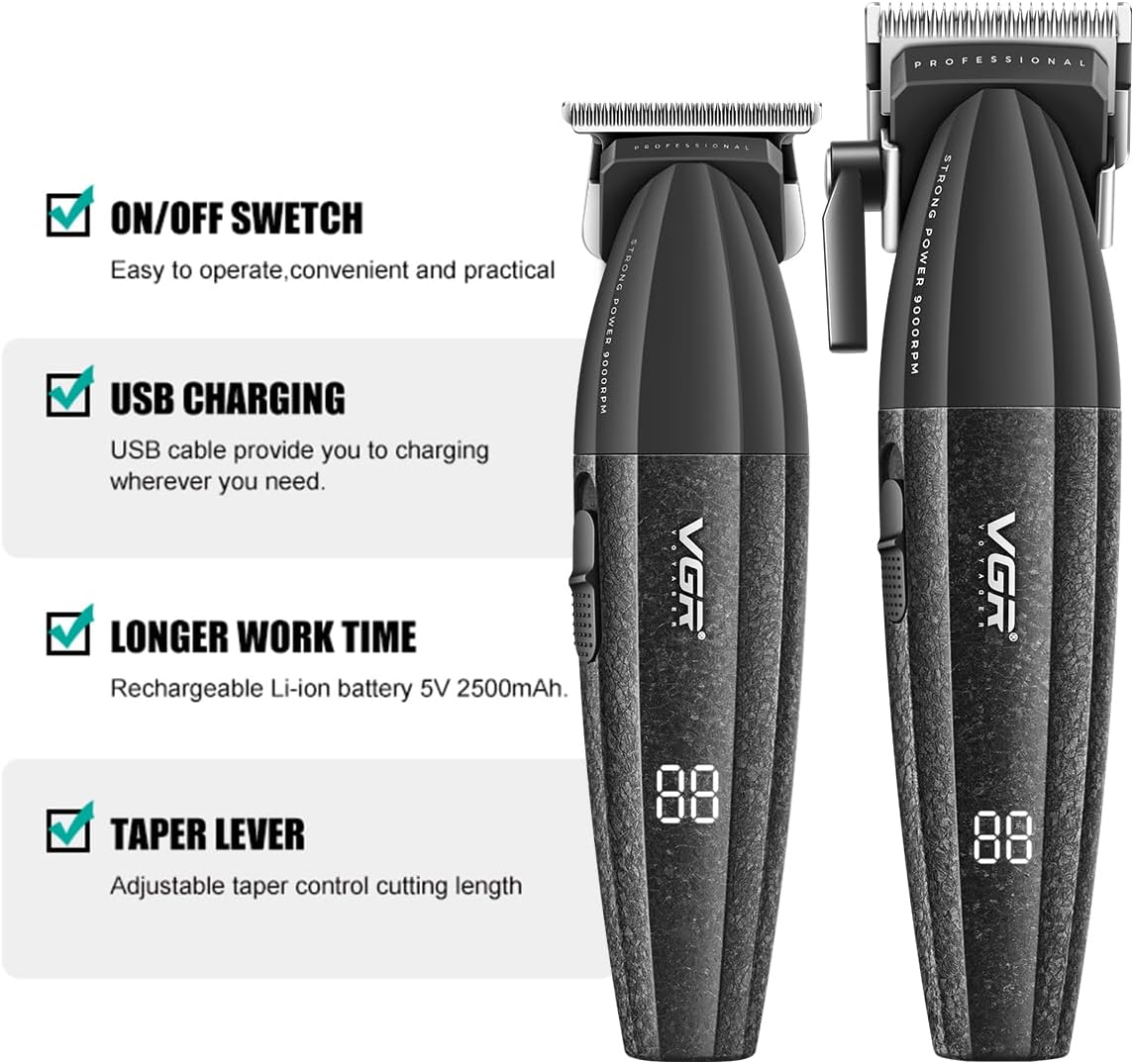 VGR V-640 – Set Profesional Klipër & Trimmer, Motor 9000 RPM, Tehë Qeramike DLC, Bateri 2500mAh & 2000mAh, Zero Gap T-Blade, 9 Krehera, Ekran LED,  Ngjyrë e Kuqe & e Zezë