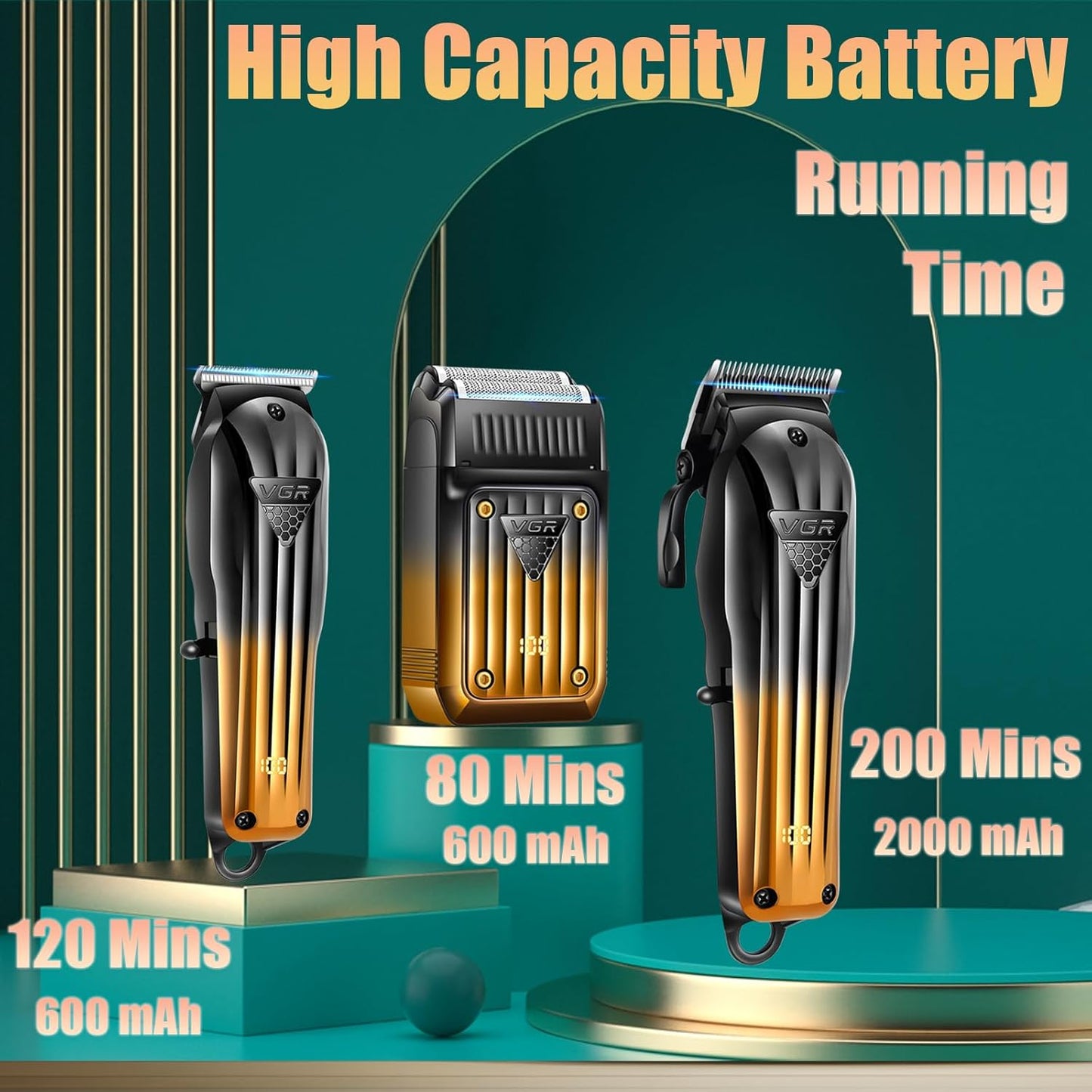 VGR V-644 – Set Profesional 3 në 1 për Meshkuj, Clipper, Trimmer, Shaver, Pa Kabllo, Ekran LED, Bateri Rikarikueshme