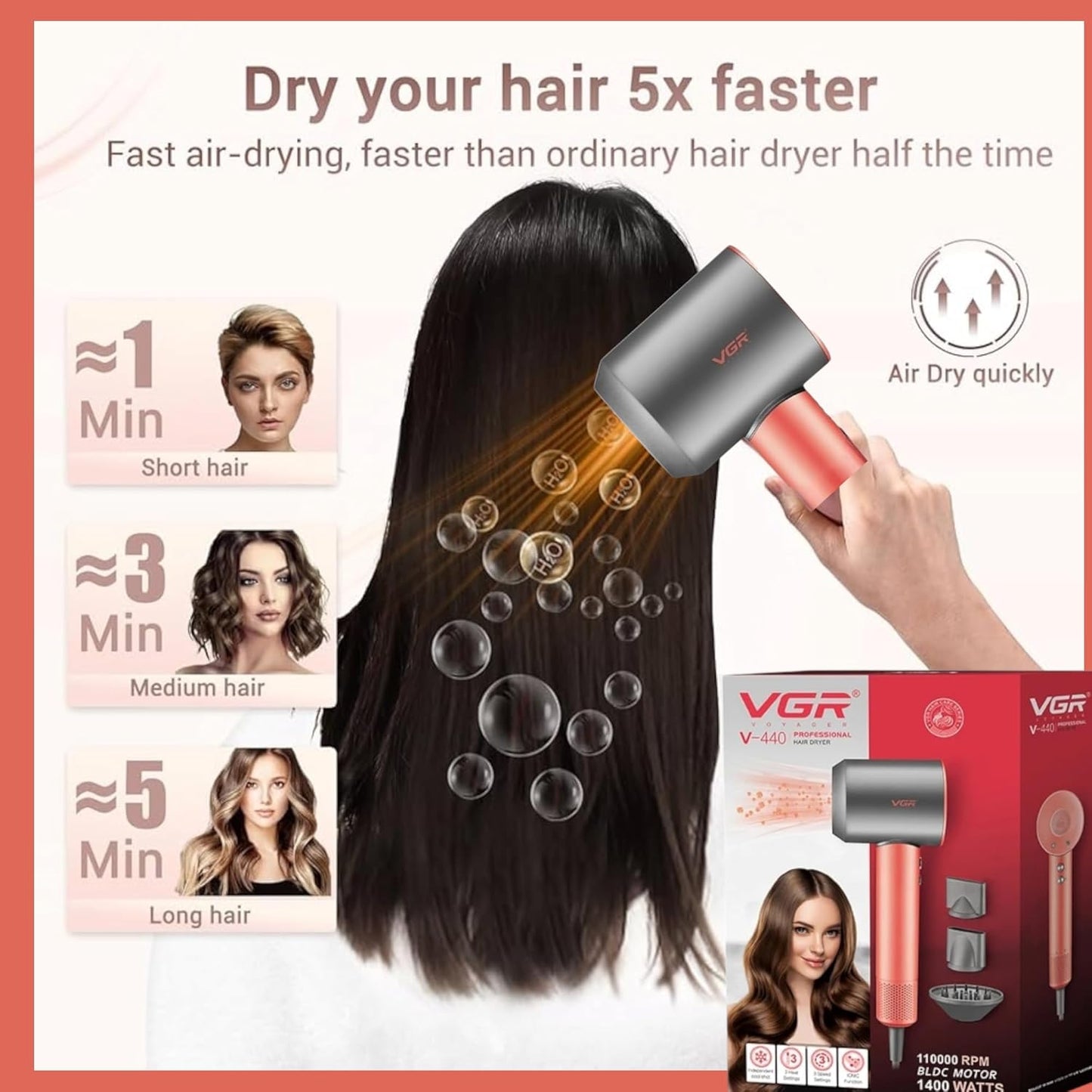 VGR V-440 - Tharëse Profesionale Flokësh me Motor BLDC 110,000 RPM – 1400W, Teknologji Ioni dhe Mbrojtje nga Mbinxehja