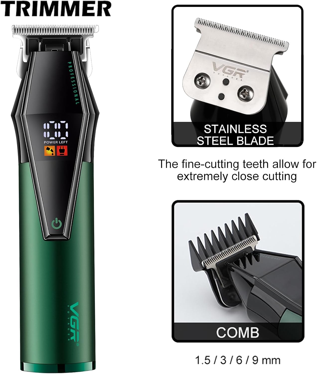 Set Profesional VGR për Prerje Flokësh – Makinë + Trimmer, Motor i Fuqishëm, Bateri e Gjatë, Ekran LED