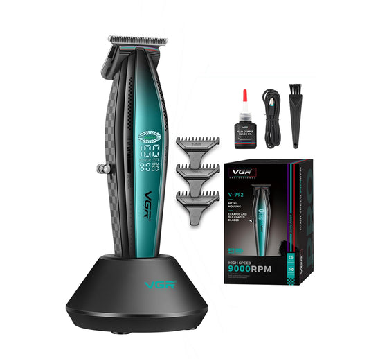 VGR V-992 – Trimmer Profesional Zero Gapped, T-Blade Outliner, 9000 RPM, Metal Body, Bateri 2000mAh, 240 Min Përdorim, Pa Kabllo, Ekran LED, Karikim USB & Dock