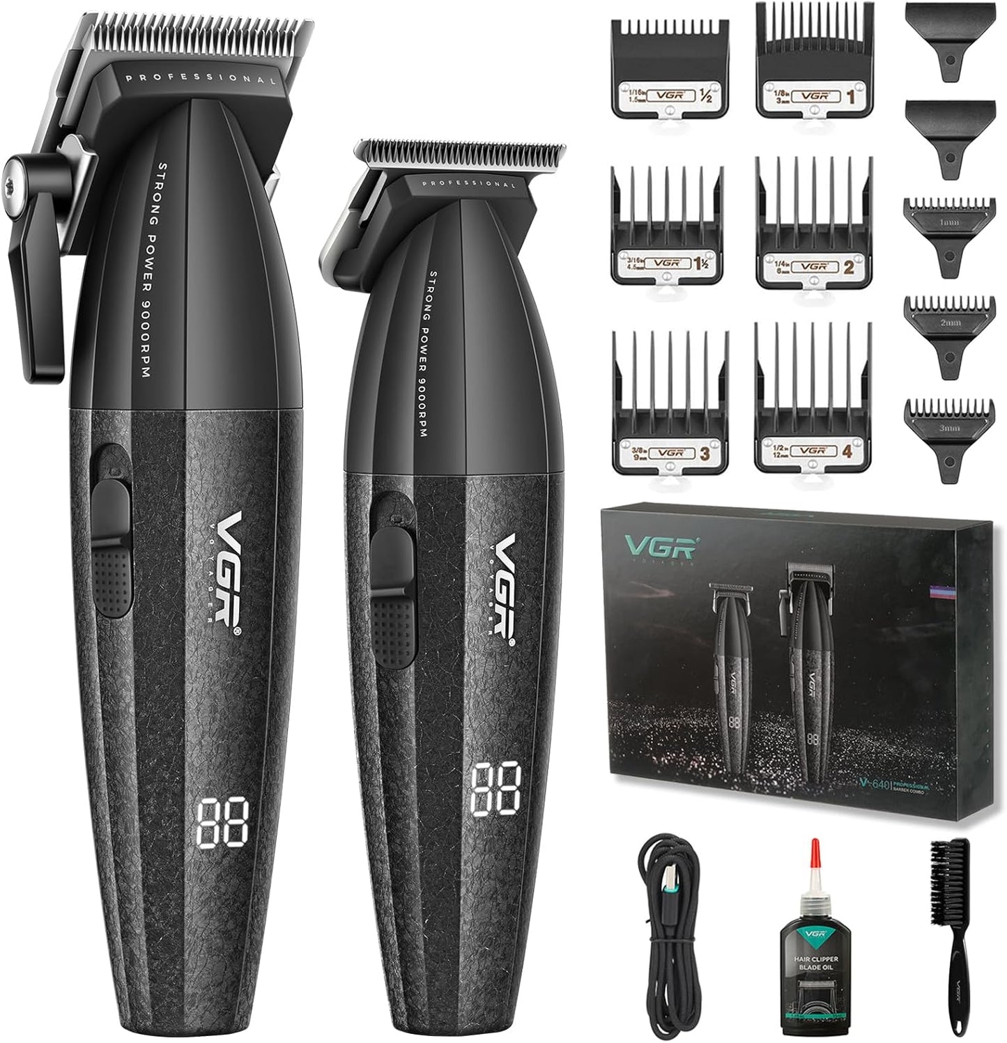 VGR V-640 – Set Profesional Klipër & Trimmer, Motor 9000 RPM, Tehë Qeramike DLC, Bateri 2500mAh & 2000mAh, Zero Gap T-Blade, 9 Krehera, Ekran LED,  Ngjyrë e Kuqe & e Zezë