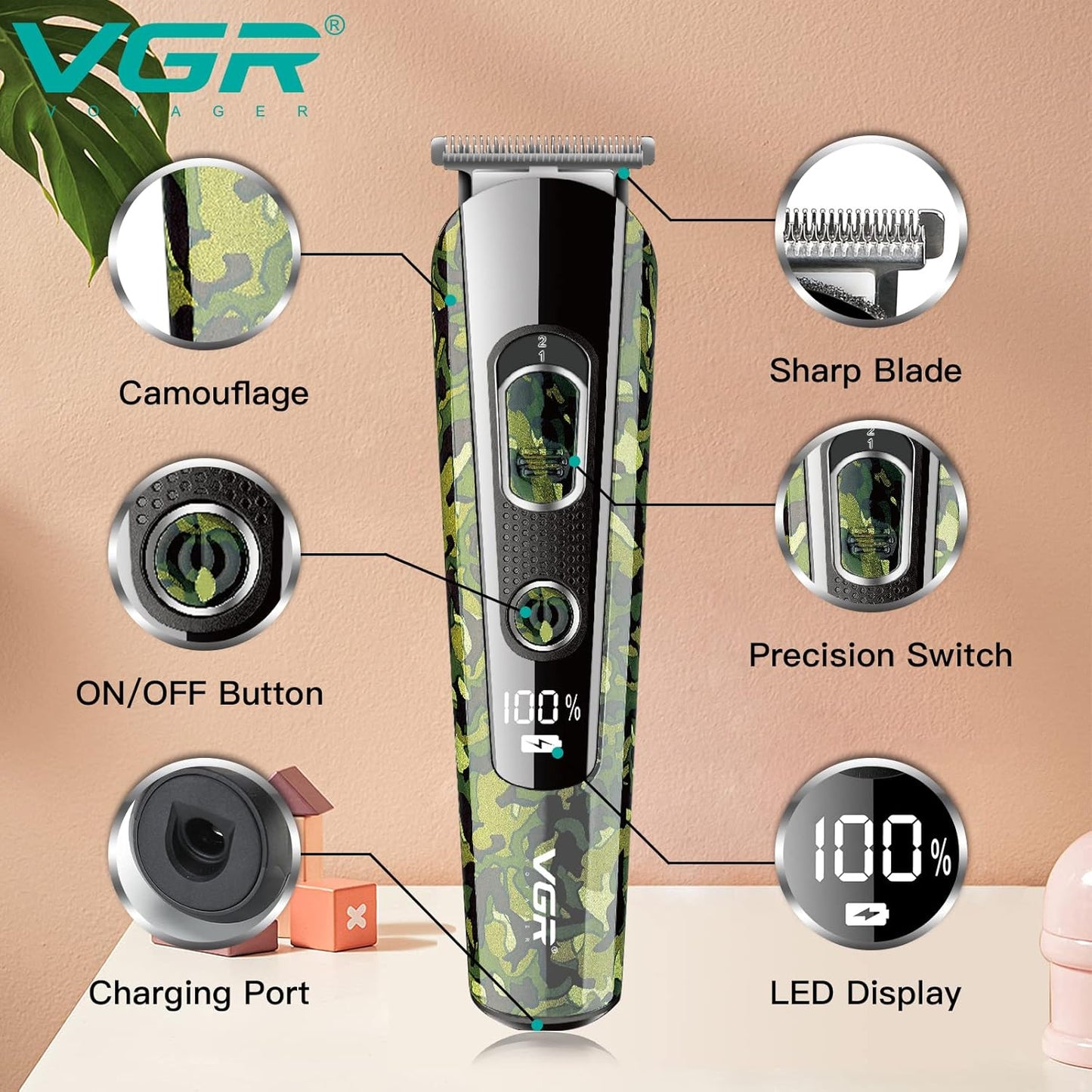 VGR V-271 – Trimmer për meshkuj me dizajn ushtarak, tehë çeliku dhe bateri 150 min
