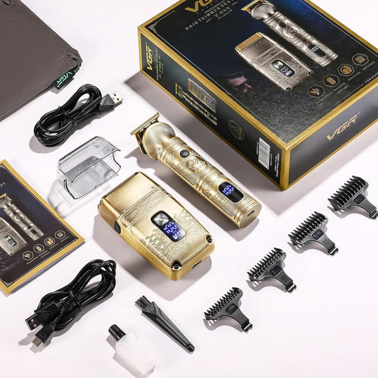 VGR V-649 Set Profesional për Meshkuj – Trimmer Flokësh, Rroje Elektrike, Foil Shaver & T-Liner | Triple Blades, Pa Kabllo, Ngarkim i Shpejtë
