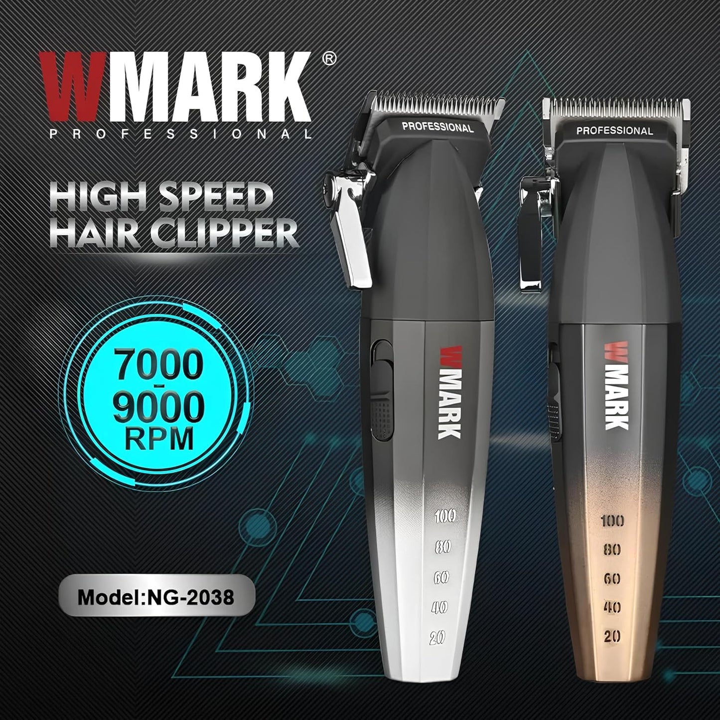 WMARK NG-2038 - Makina Profesionale për Qethje me Motor 9000 RPM, Ekran Dixhital dhe Trup Aliazh Zinku, 180 Min Përdorim