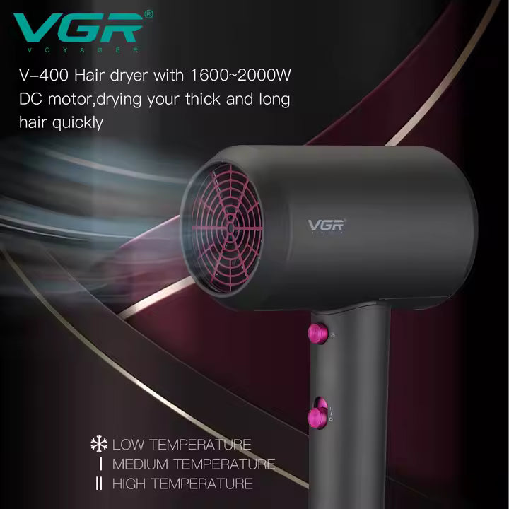 VGR V-400 Tharëse Flokësh Profesionale 1600–2000W me Teknologji Jonike dhe Mburojë Termike – Për Sallone dhe Përdorim në Shtëpi