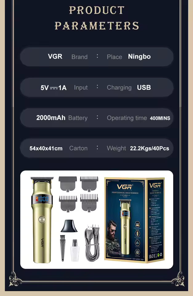 VGR V-991 Professional Hair Trimmer – Ceramic & Stainless Steel Blades, 400 Min Runtime, Turbo 7000 RPM, LED Display (Gold)