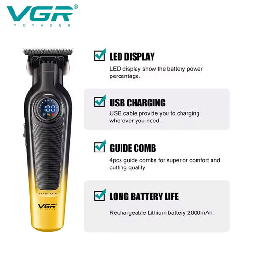 VGR V-996 – Makinë Profesionale Rroje pa Kabull me Ekran LED, Teh Titanium & Qeramik, 7000 RPM, Bateri 2000mAh