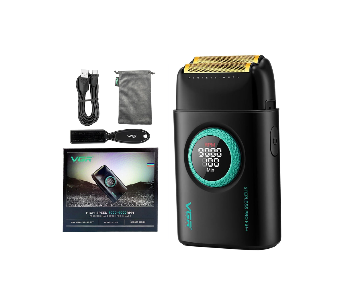 VGR V-377 Rrojëse Elektrike Profesionale për Meshkuj me 3 Thika Titaniumi, Motor 9000 RPM dhe Ekran LED