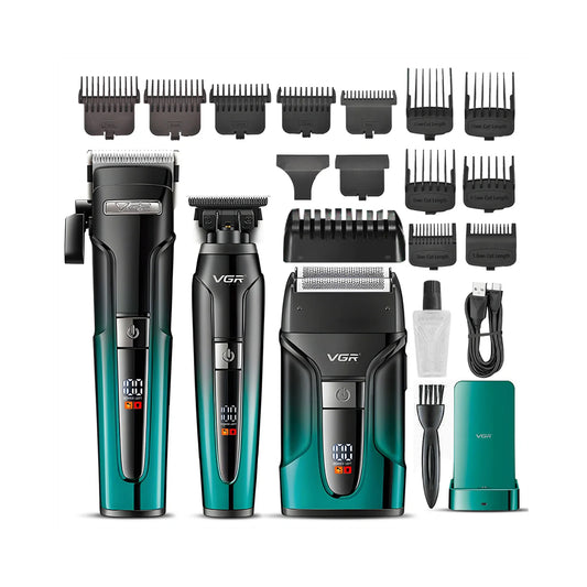 VGR V-694 Set Profesional 3-në-1 – Makineri Rroje, Trimmer & Shaver me Teh Keramike dhe Çelik Karboni, Autonomi e Gjatë, Ekran LED, Karikim USB